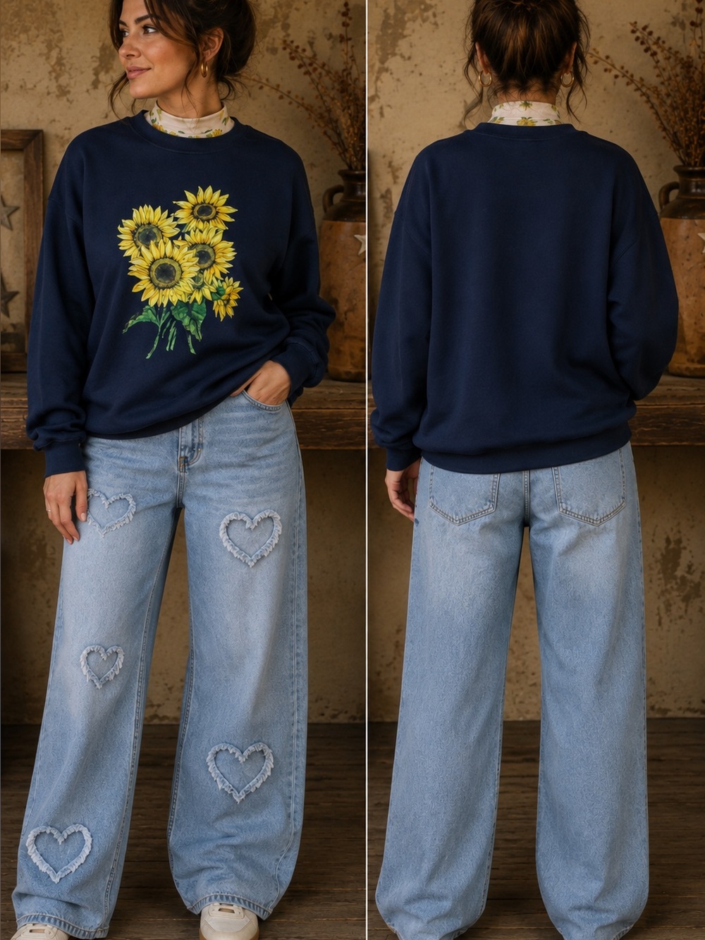 Vintage Blair Navy Blue Sunflower Sweatshirt Women’s Floral Crewneck Pullover